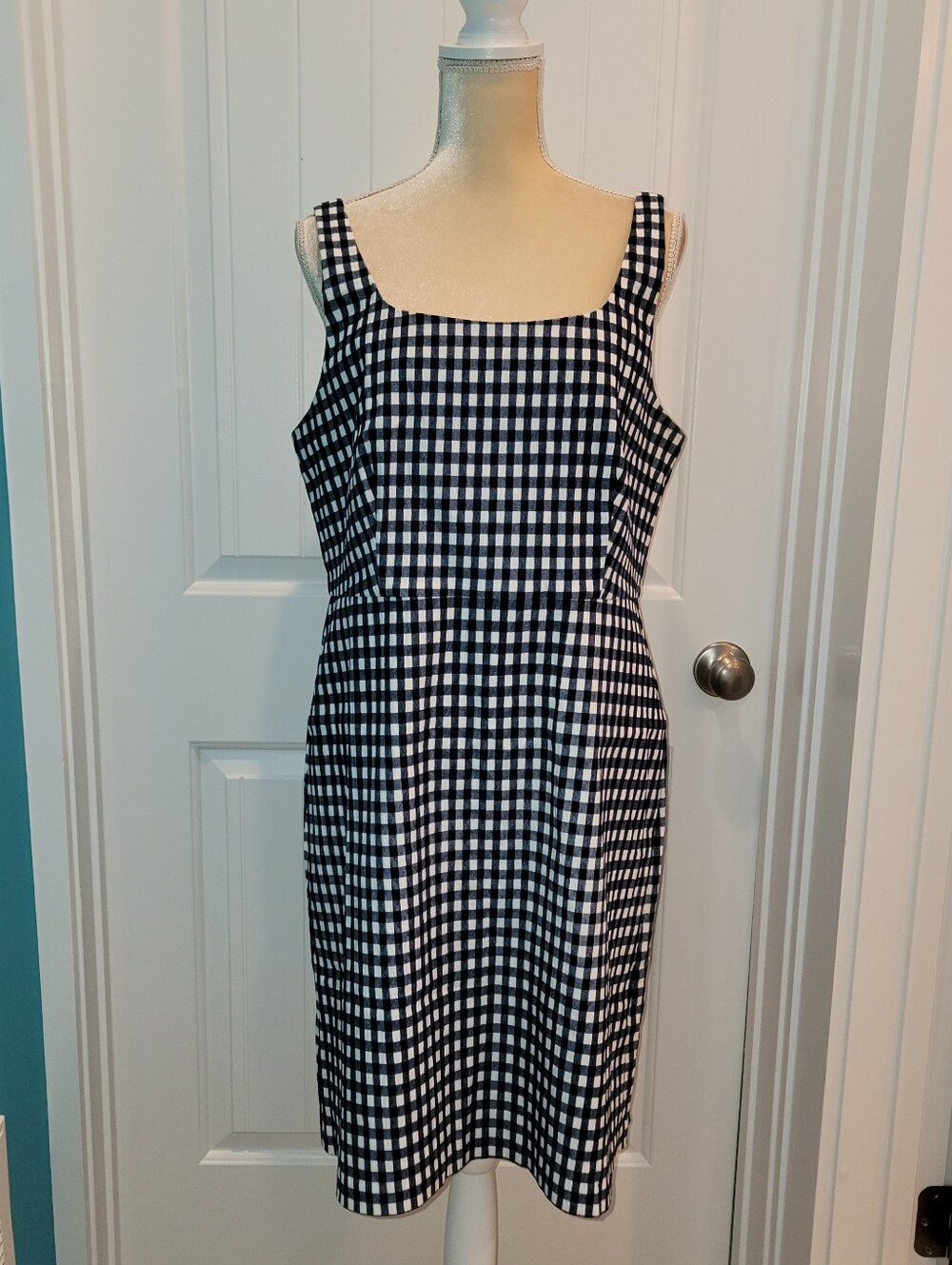 J. CREW Gingham Sheath Dress SIZE 16 Navy & White Check Lined